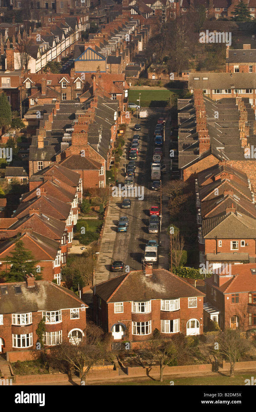 Aerial shot of a residential street of traditional 1930's semi-detached houses in York UK. Stock Photo