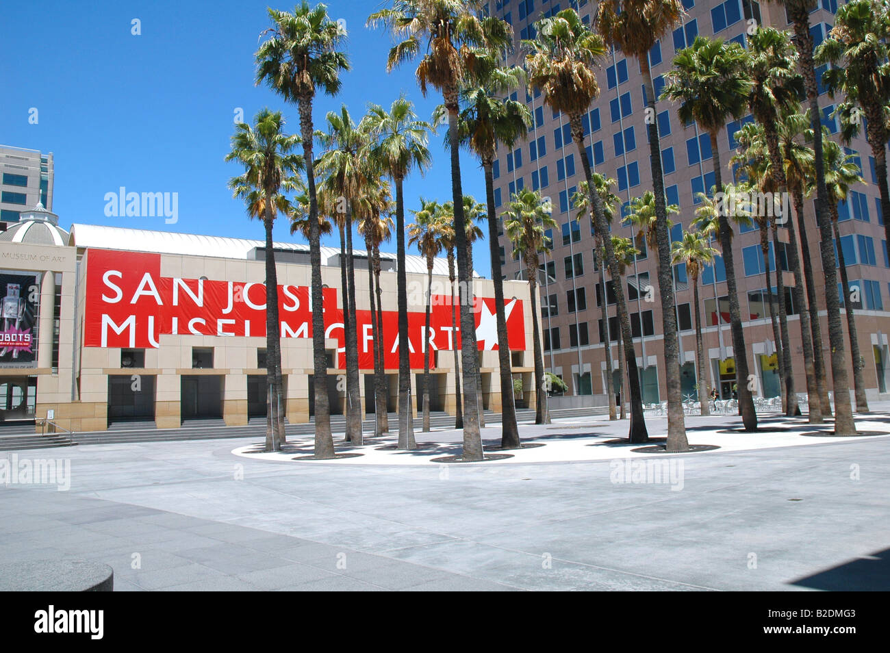 plaza with palm trees outside san jose museum of art downtown san jose