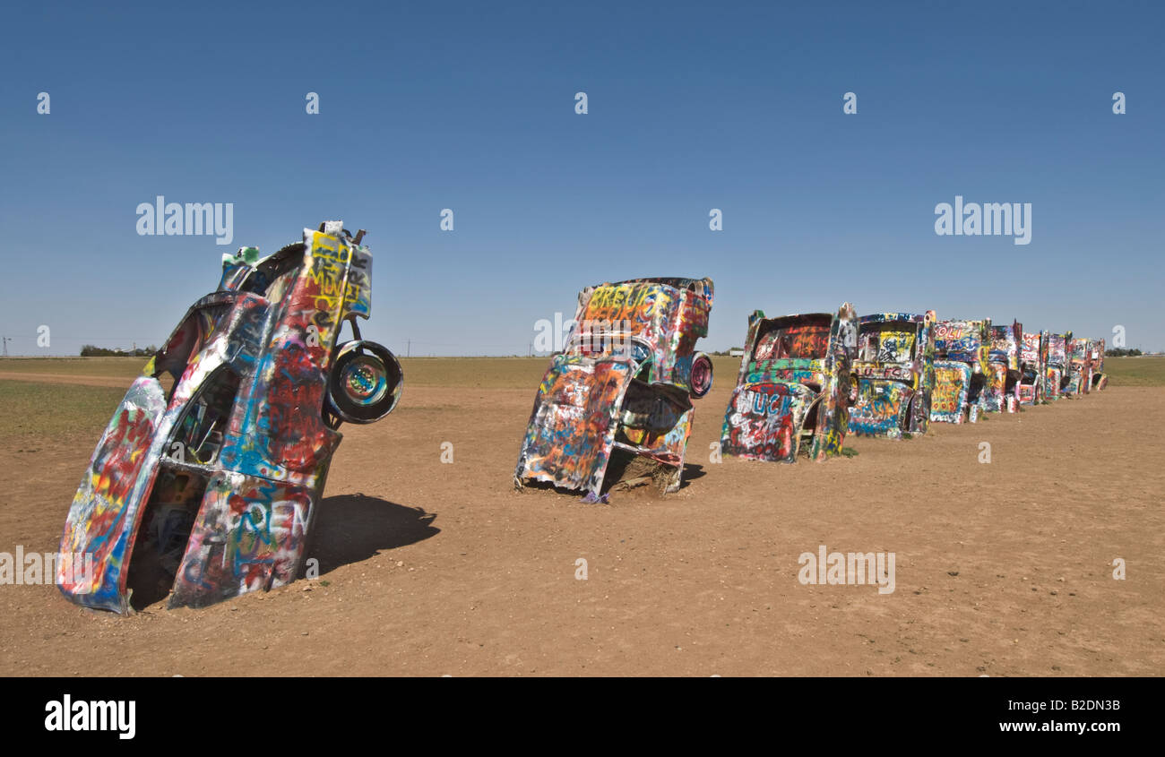Texas Amarillo Cadillac Ranch car automobile art installation in farm field titled "Bumper Crop