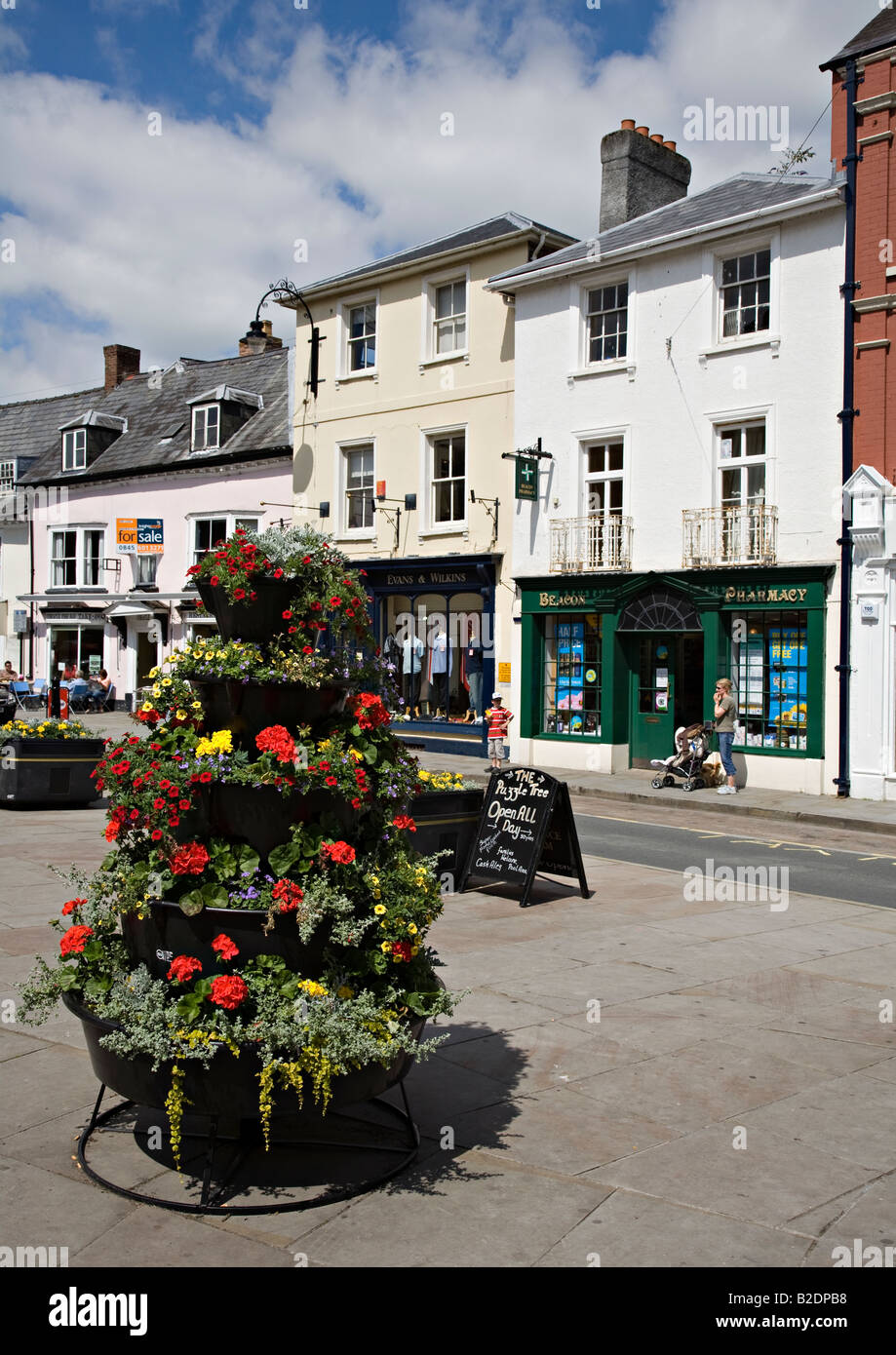 Flowers in tub in Brecon town centre Powys Wales UK Stock Photo