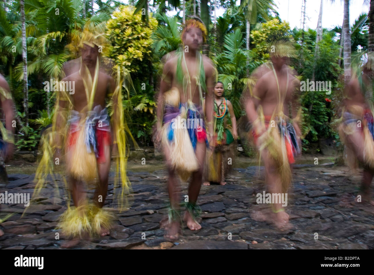 A blurred image of native dancers performing on the island of Yap, Micronesia. Stock Photo
