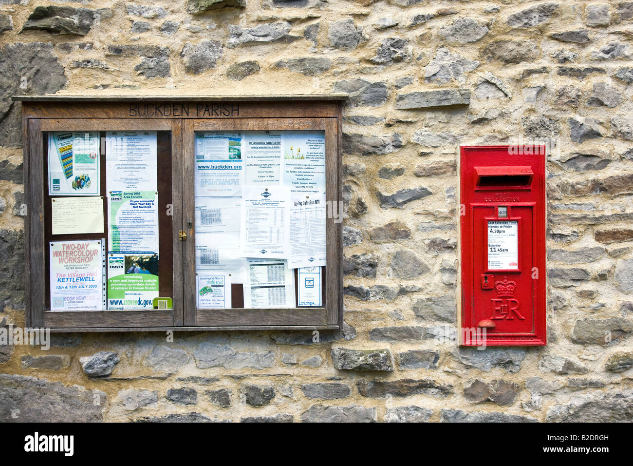 Village Notice Board and Post Box Buckden Wharfedale Yorkshire Dales National Park Stock Photo