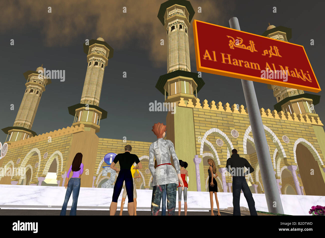 Second Life: A computer grab from the virtual world Second Life, view to the courtyard of the main mosque in Makka Stock Photo