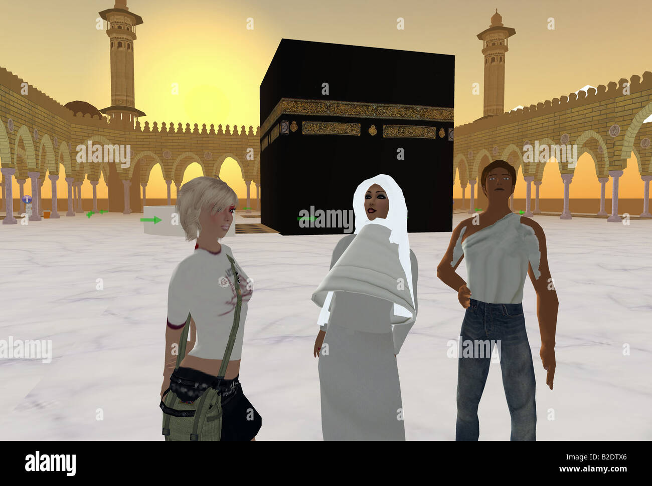 Second Life: A computer grab from the virtual world Second Life, view to the courtyard of the main mosque with Kaaba in Makka Stock Photo