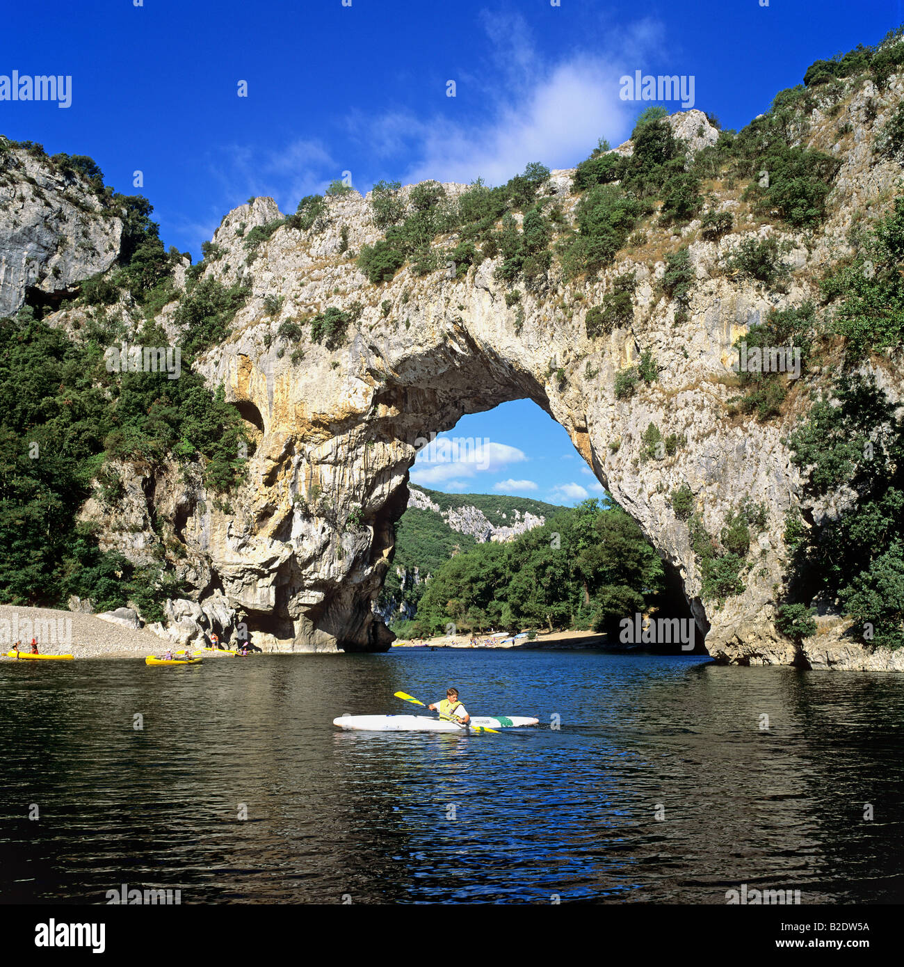 Vallon Pont d'Arc rocky arch and canoes on Ardèche river Gorges de l ...