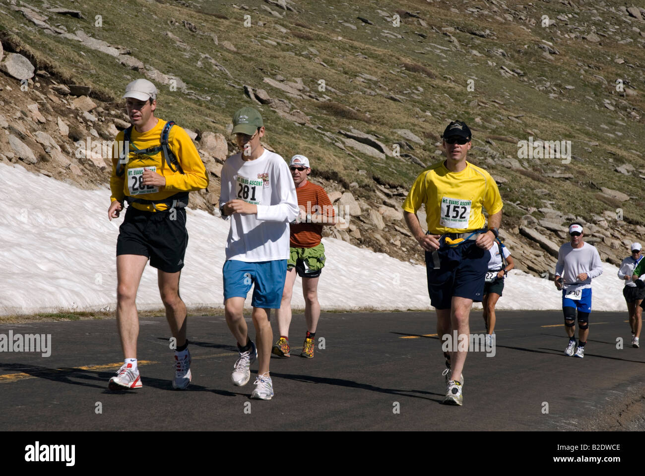 Runners competing in the 2008 Mount Evans Ascent foot race running ...