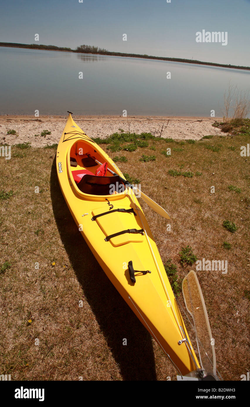 Kayak on beach at Lake Winnipeg Stock Photo