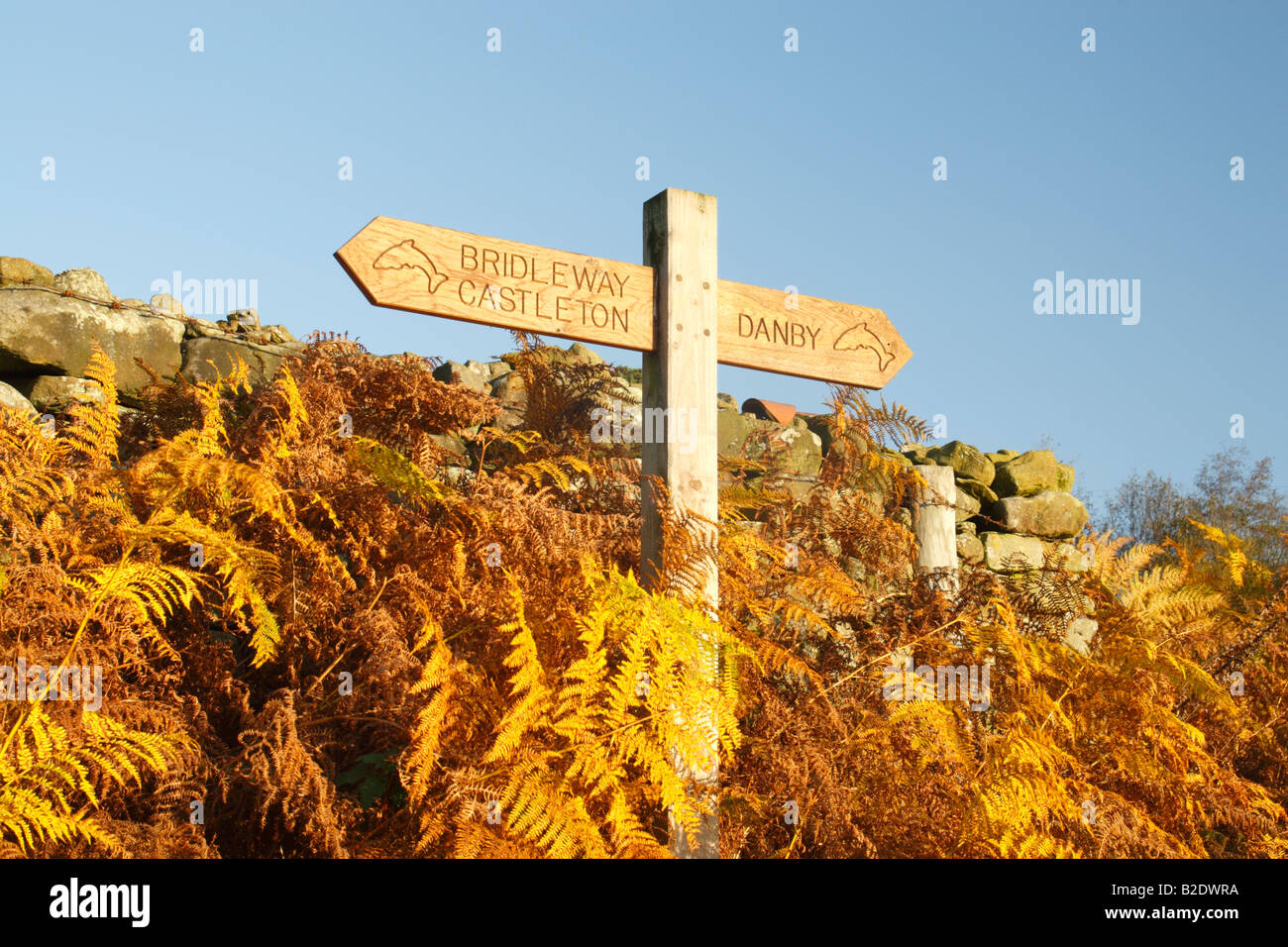Bridleway sign on the Esk Valley Walk route between Castleton and Danby against a stone wall and golden bracken with a blue sky Stock Photo