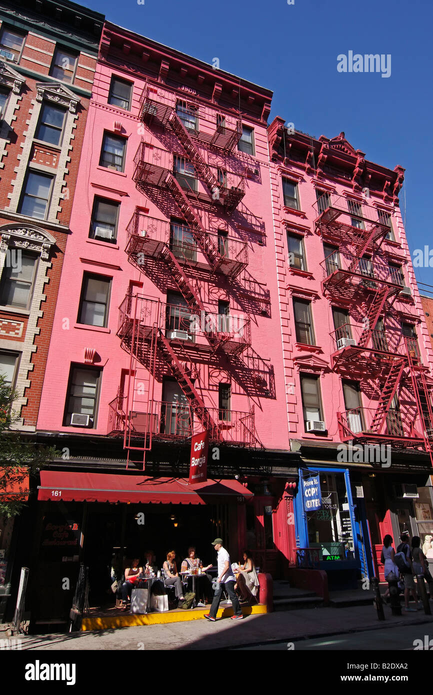 Pink building with metallic stairs in SoHo - New York City, USA Stock Photo