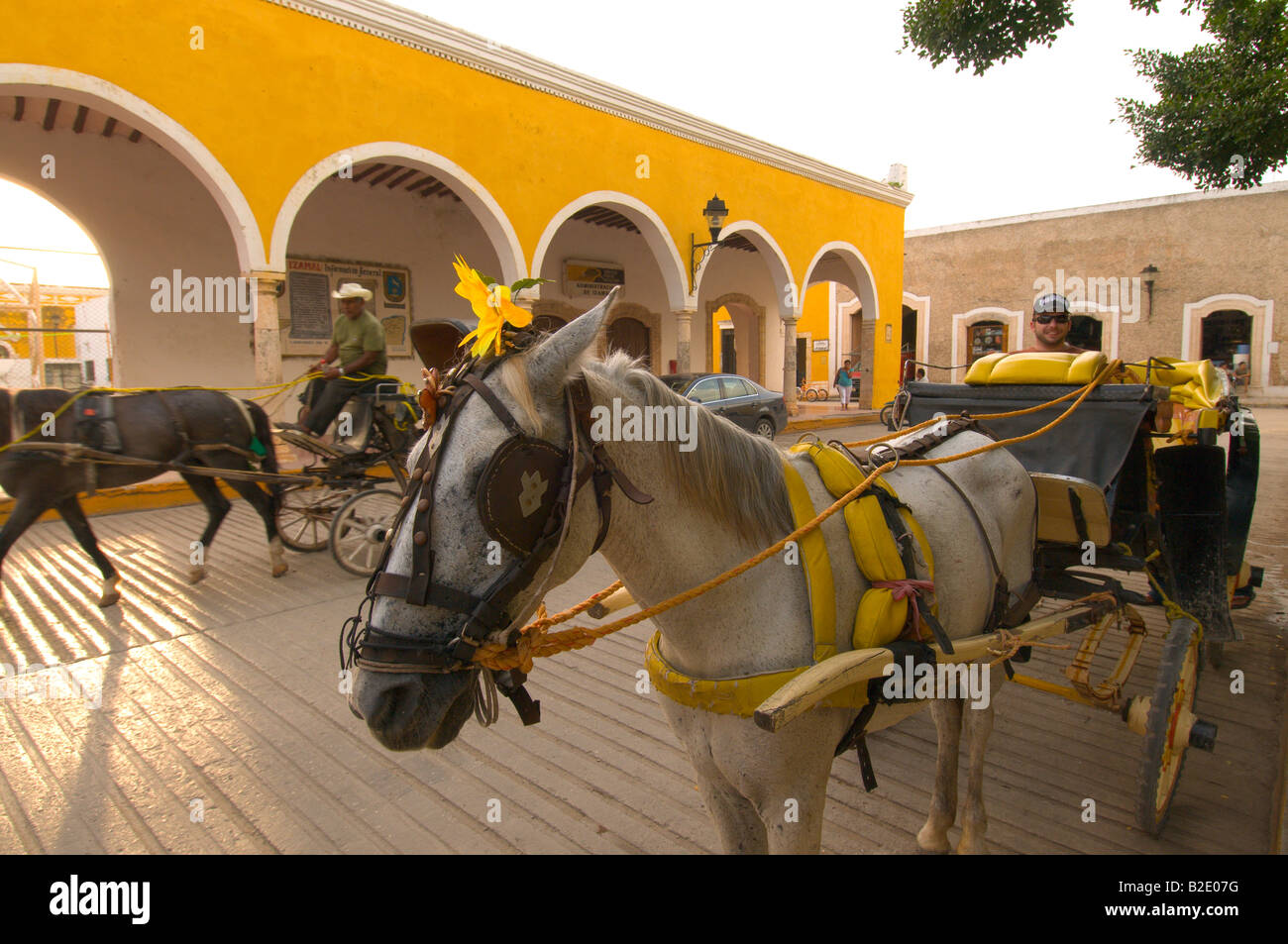 Horse-drawn carriage drivers wait for tourists to hire them for rides around the colonial city of Izamal Yucatan Mexico Stock Photo