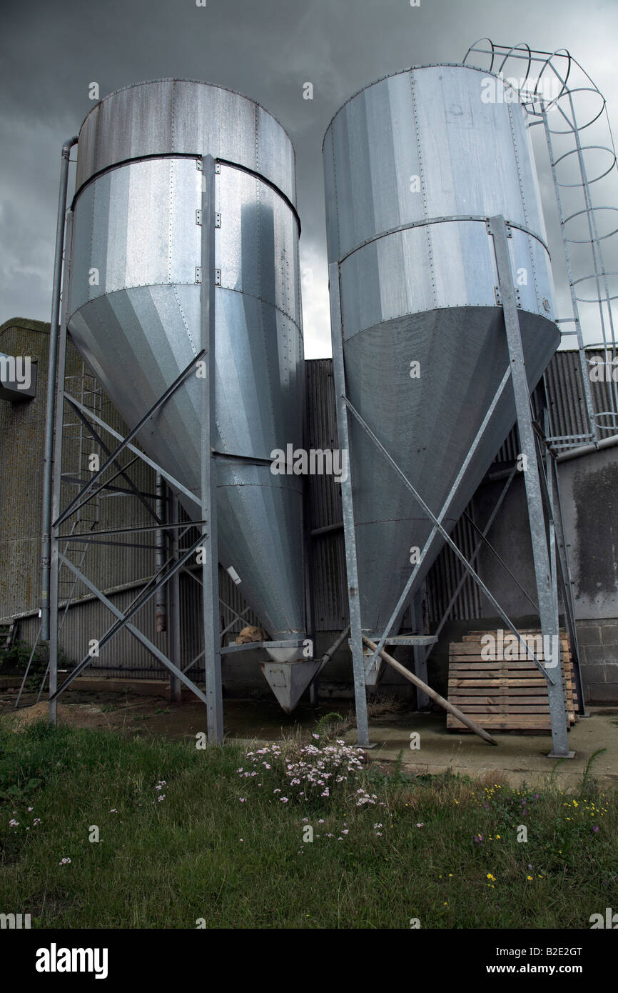 Two grain storage silos grey sky background Stock Photo