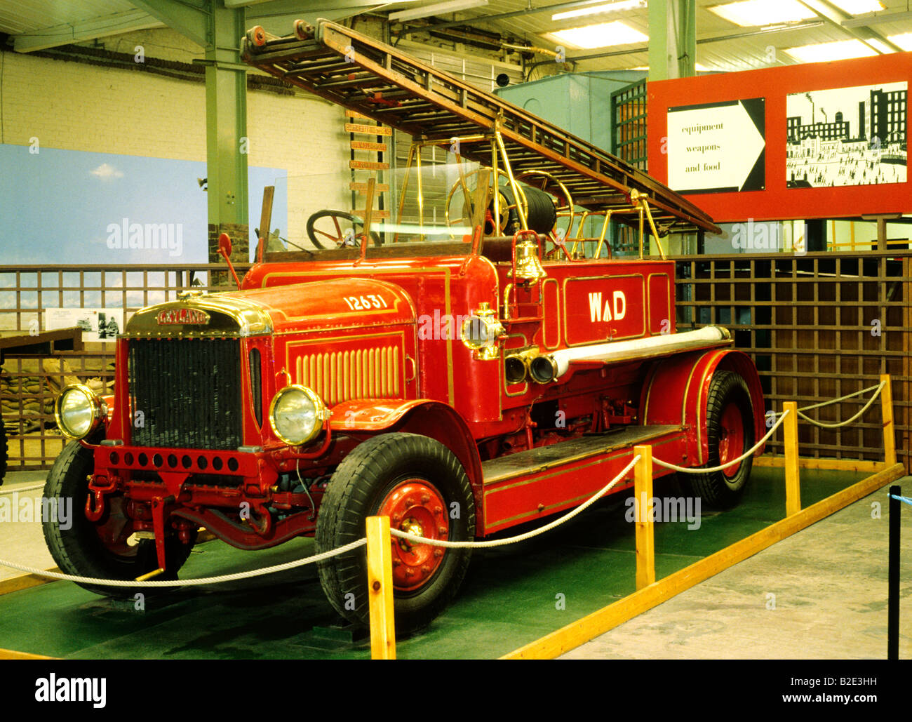 W D Fire Engine 2nd World War time military equipment red fire fighting vintage vehicle appliance Beverley transport museum Stock Photo