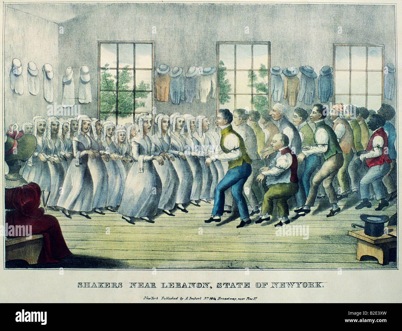 Old lithograph print of Christian Shaker community at Lebanon, New York