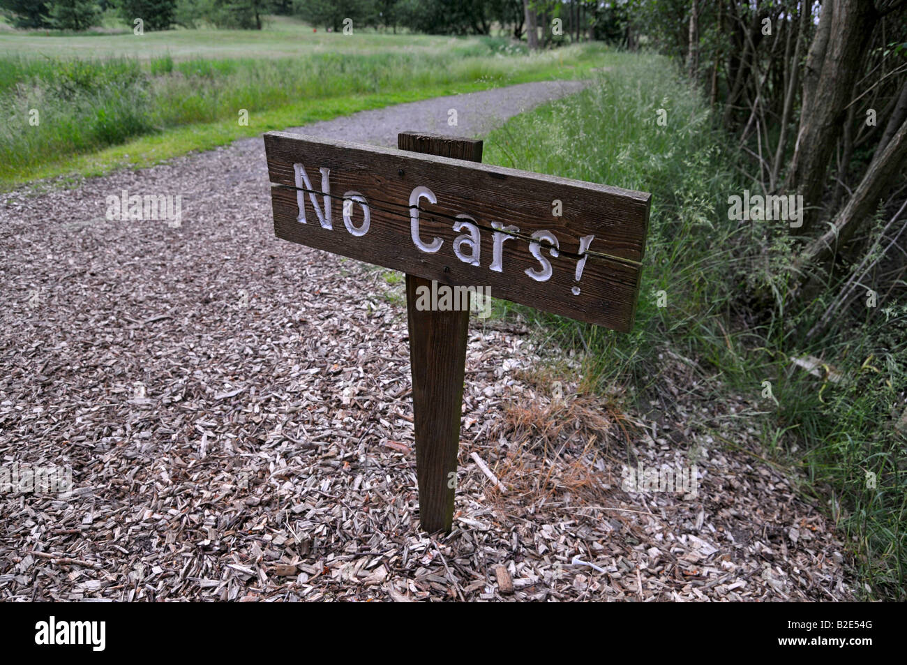 Sign reading No Cars, golf course Stock Photo