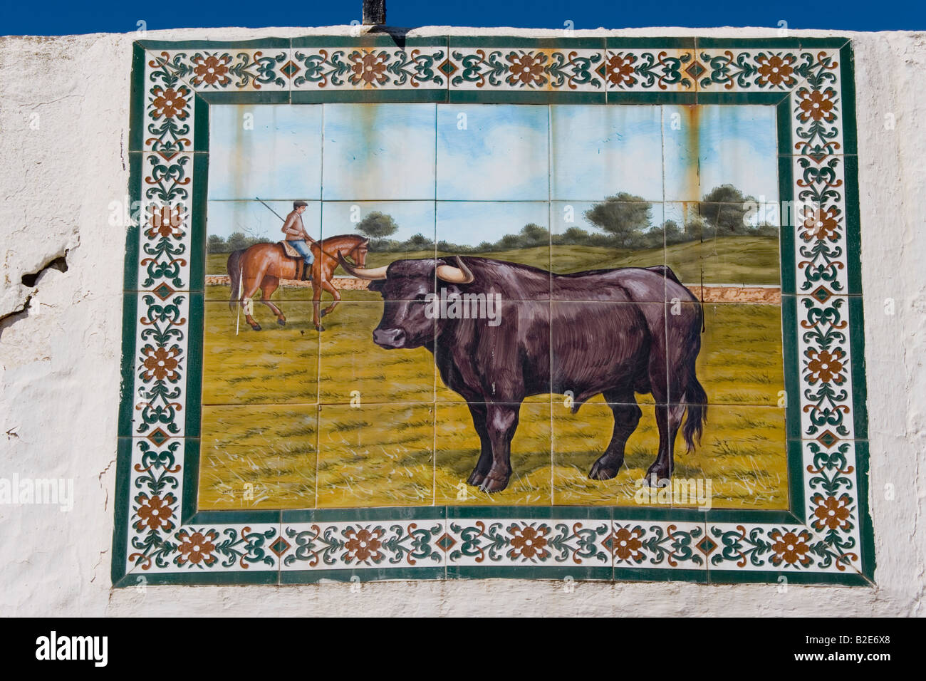 Mijas Malaga Province Costa del Sol Spain Ceramic tile painting of bull in field at bullring