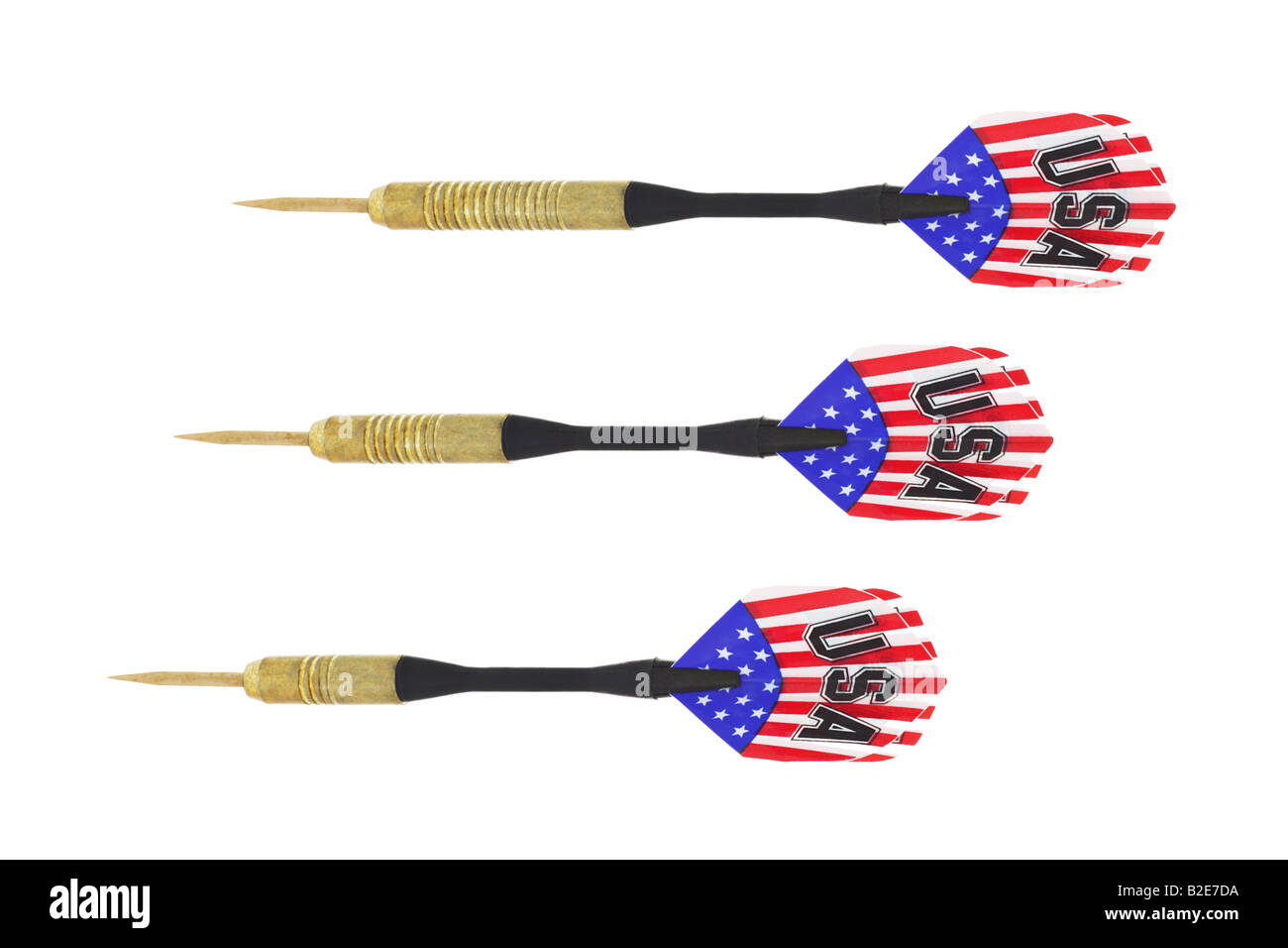 Darts with American flags arranged horizontally on white background Stock Photo