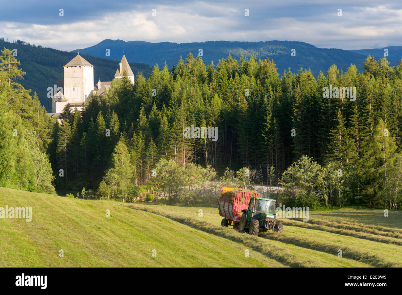 Tractor harvesting in field Mauerndorf Lungau Salzburg Austria Stock Photo