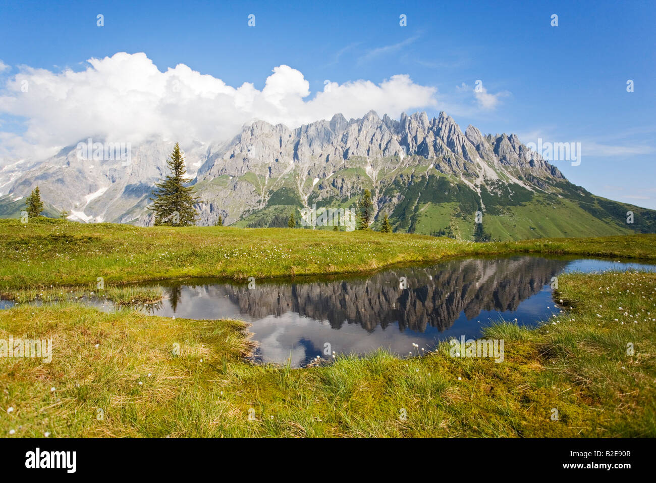 Reflection of mountains in water, Hochkoenigstock, Mandlwand, Muehlbach, Pinzgau, Sulzburg, Austria Stock Photo