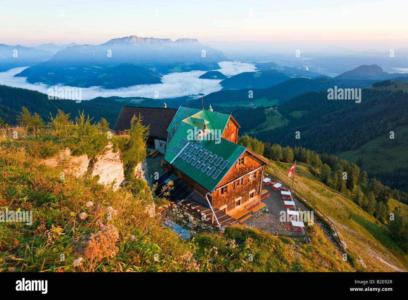 High angle view of hotel on mountain, Purtschellerhaus, Hoher Goell, Tennengau, Berchtesgaden Alps, Bavaria, Germany Stock Photo