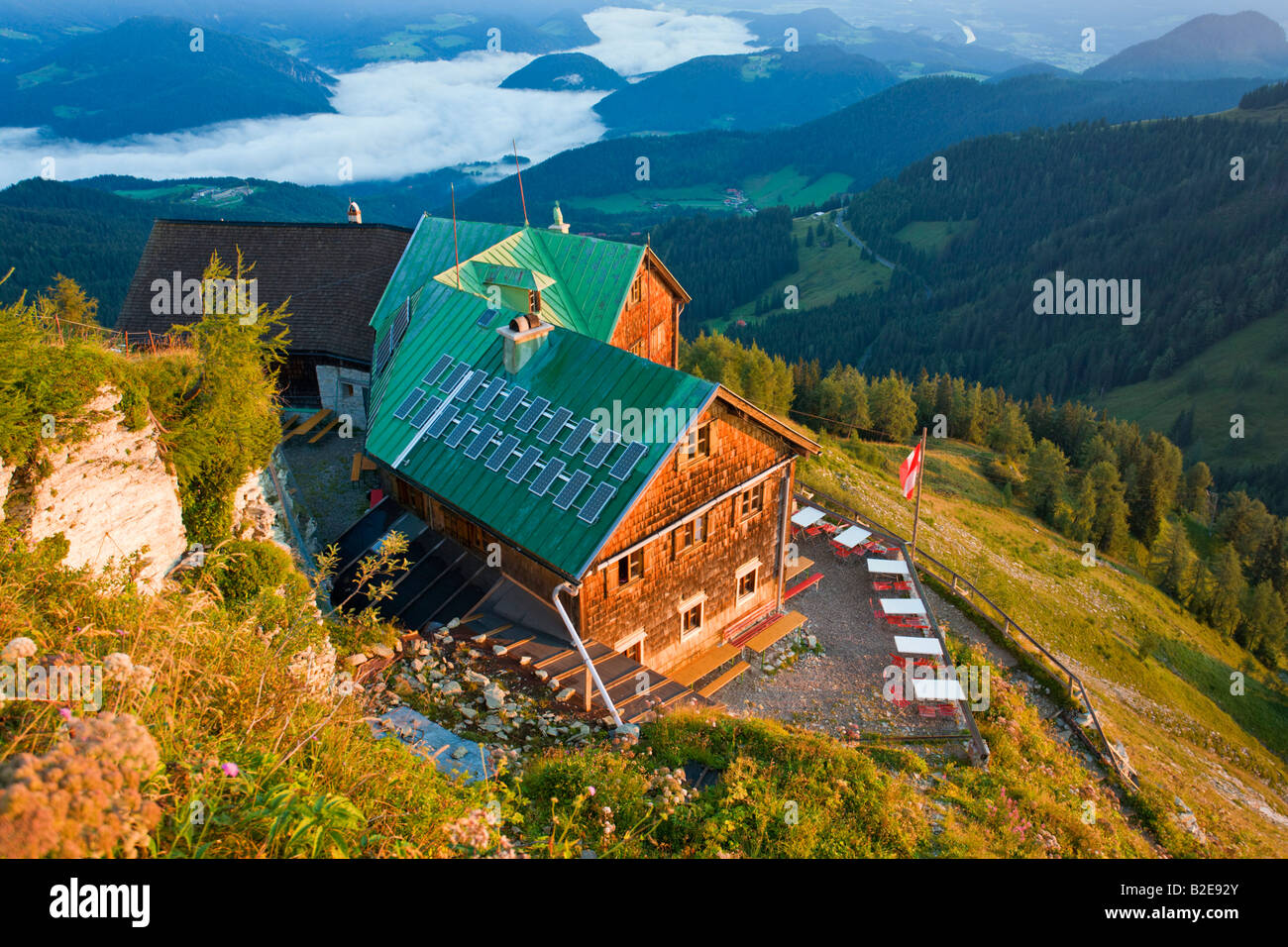 High angle view of hotel on mountain, Purtschellerhaus, Hoher Goell, Tennengau, Berchtesgaden Alps, Bavaria, Germany Stock Photo