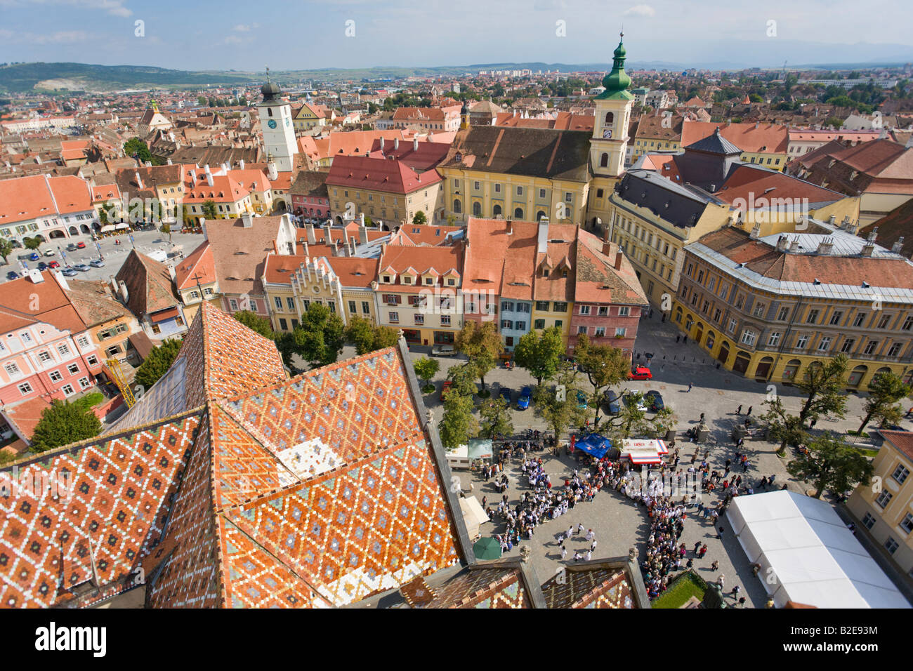 High angle view of town hall in city Piata Mica Sibiu Transsilvania Romania Stock Photo