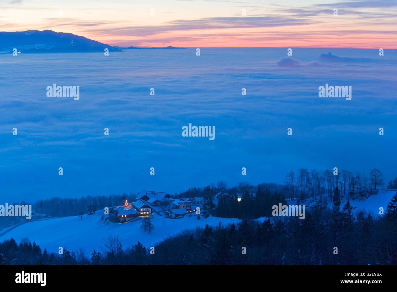 Homestead, Gaisberg, sea of fog, Salzburger Becken, Salzachtal Stock Photo