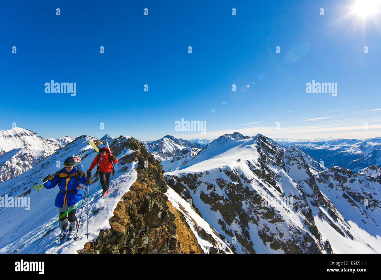 Two mountaineers walking on mountain Ennstal Obersteiermark Obertal Sauberg Austria Stock Photo