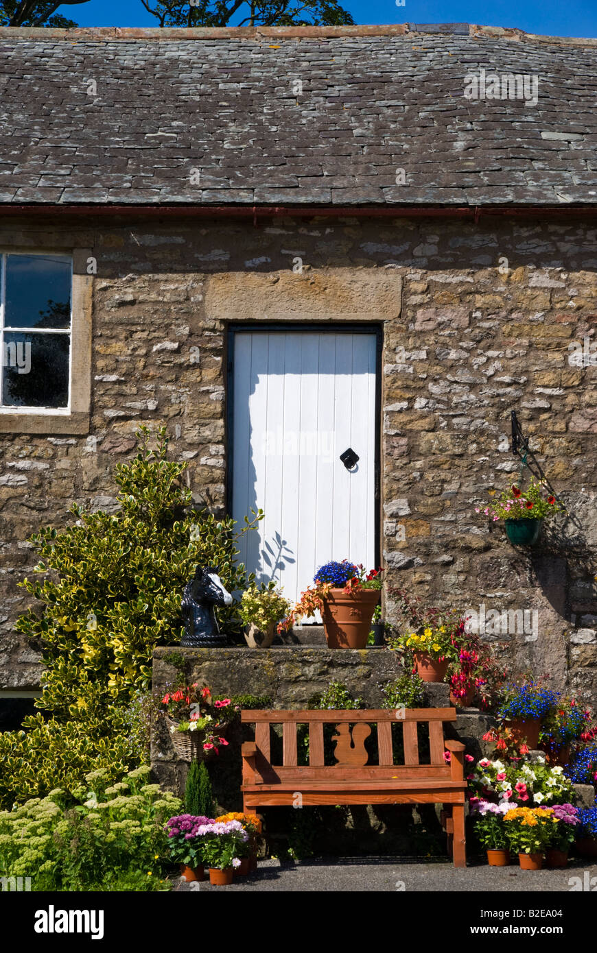 Empty bench surrounded with potted plants, Kirkby Lonsdale, Combria, England Stock Photo