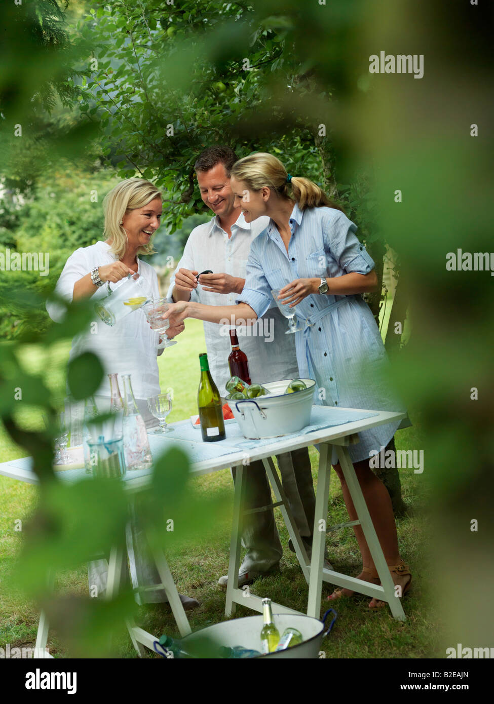 Woman serving water to her friends at garden party Stock Photo Alamy