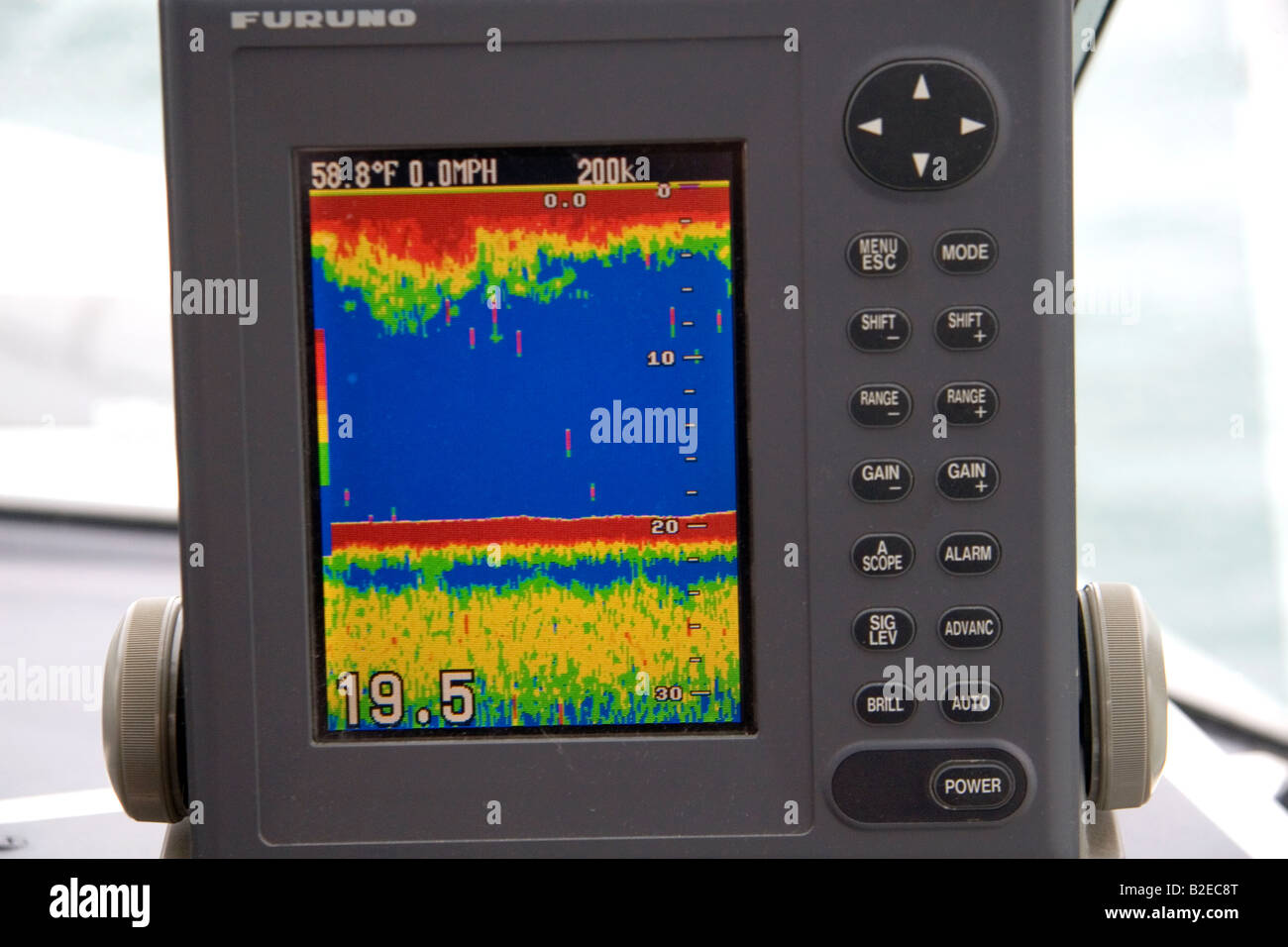 https://c8.alamy.com/comp/B2EC8T/the-screen-of-a-fishfinder-using-sonar-to-measure-water-depth-and-B2EC8T.jpg