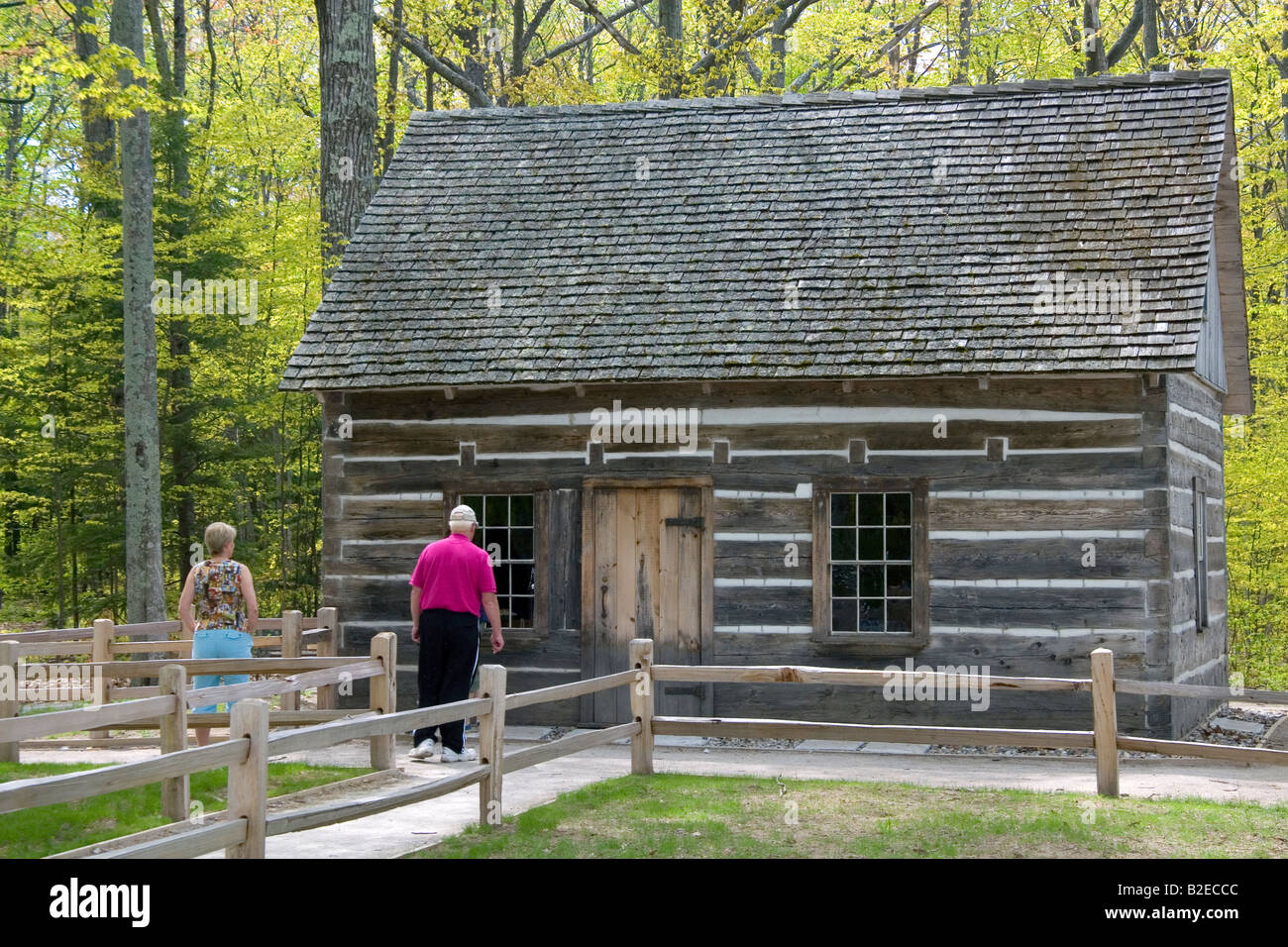 Small log cabin at Old Mission Point near the Mission Point Light in Michigan Stock Photo