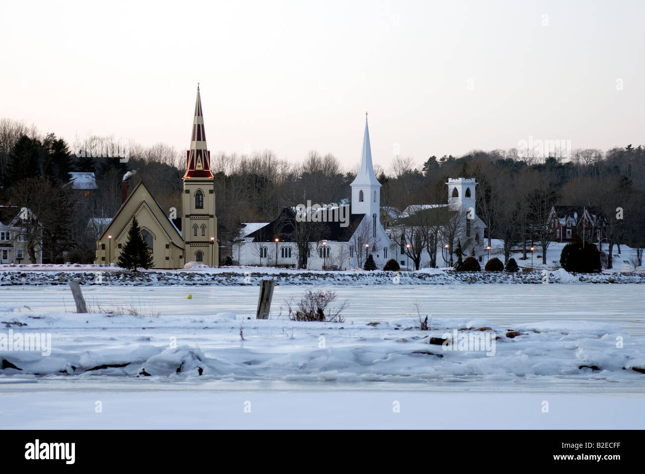 a mahone bay nova scotia winter scene with the three churches Stock