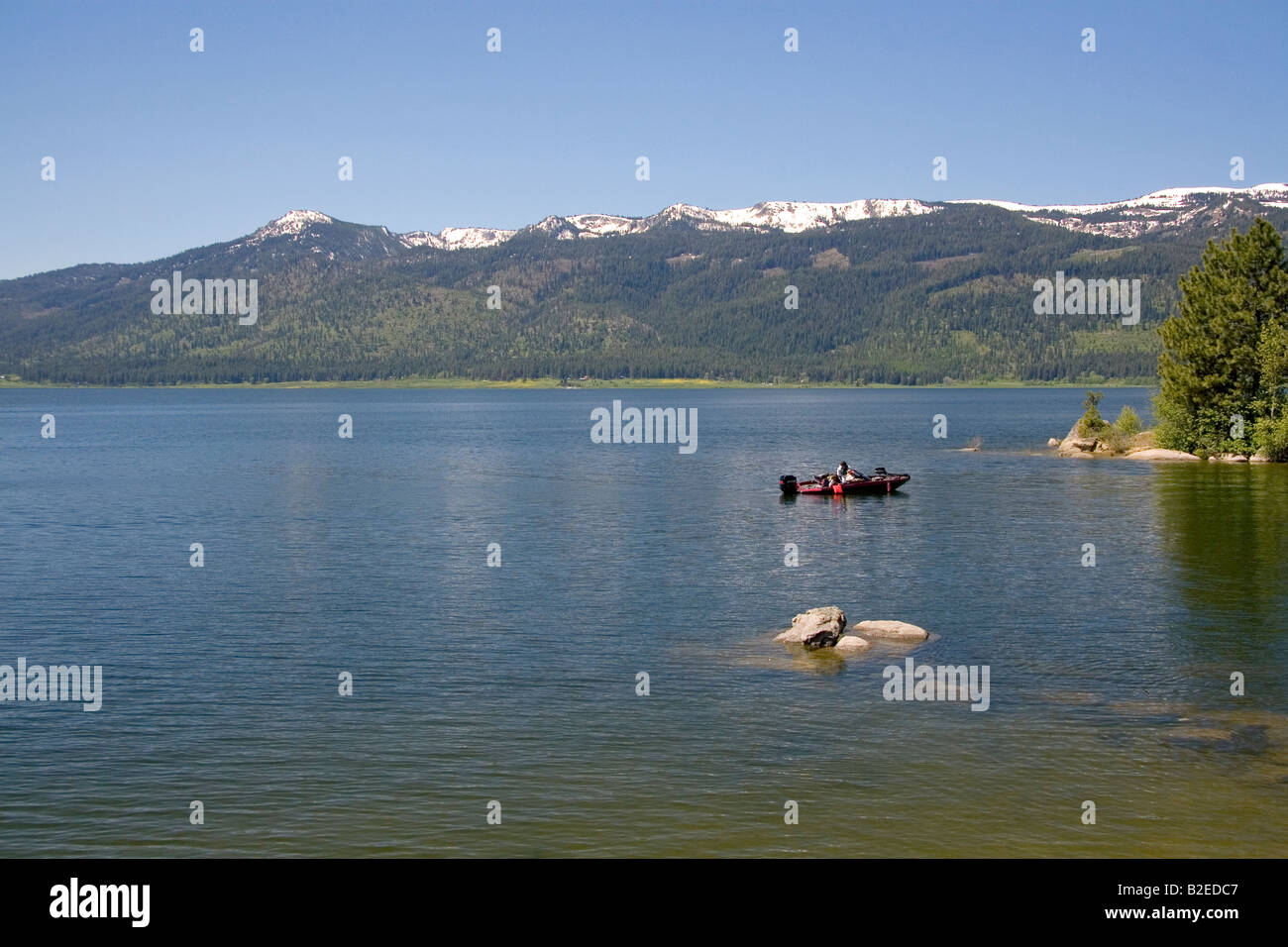 Bass fishing boat on Cascade Lake in Valley County Idaho Stock Photo