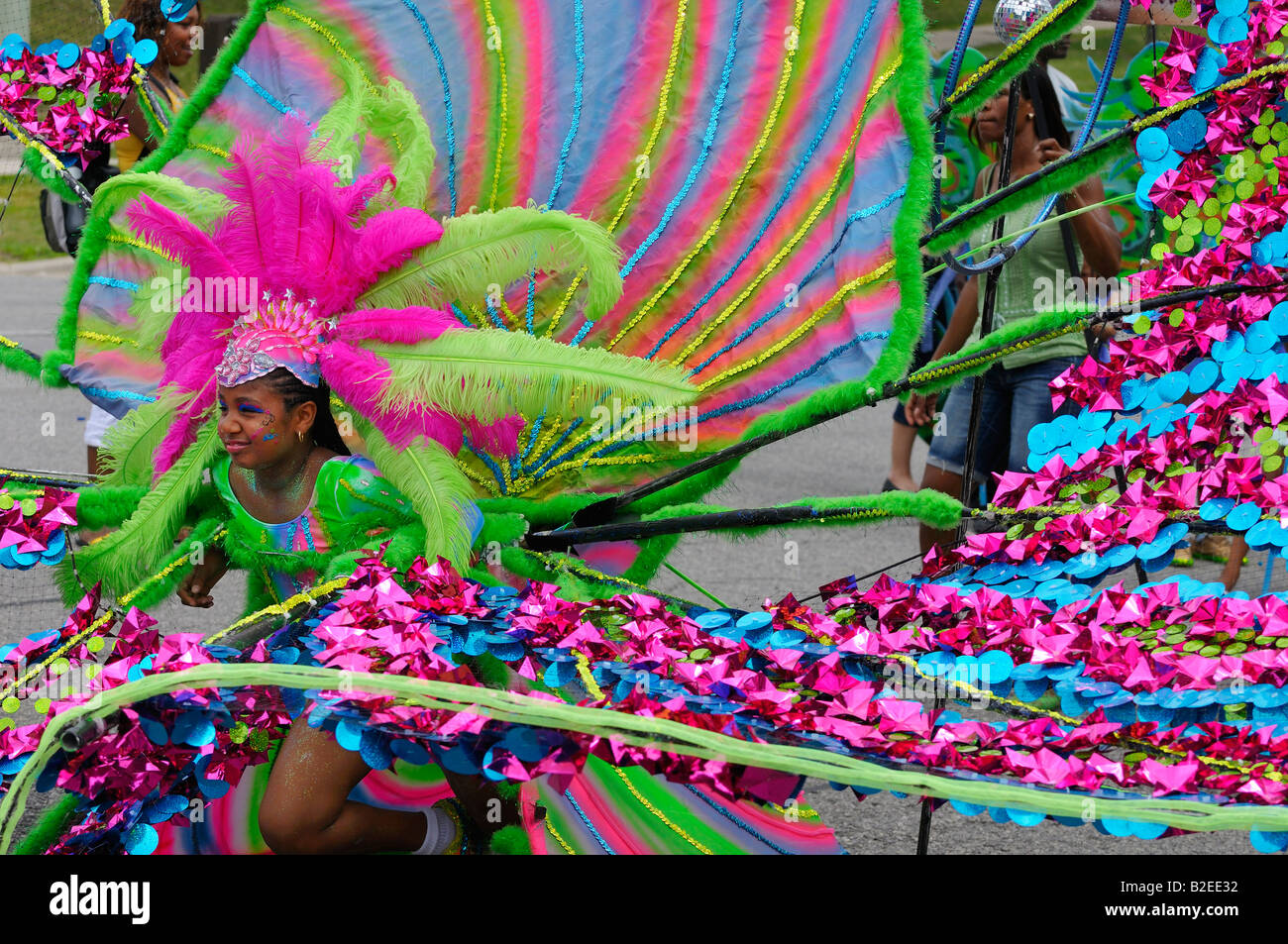 Young black girl Dancing Queen of the Band with colorful float at the Junior Caribana Parade in Toronto 2008 Stock Photo