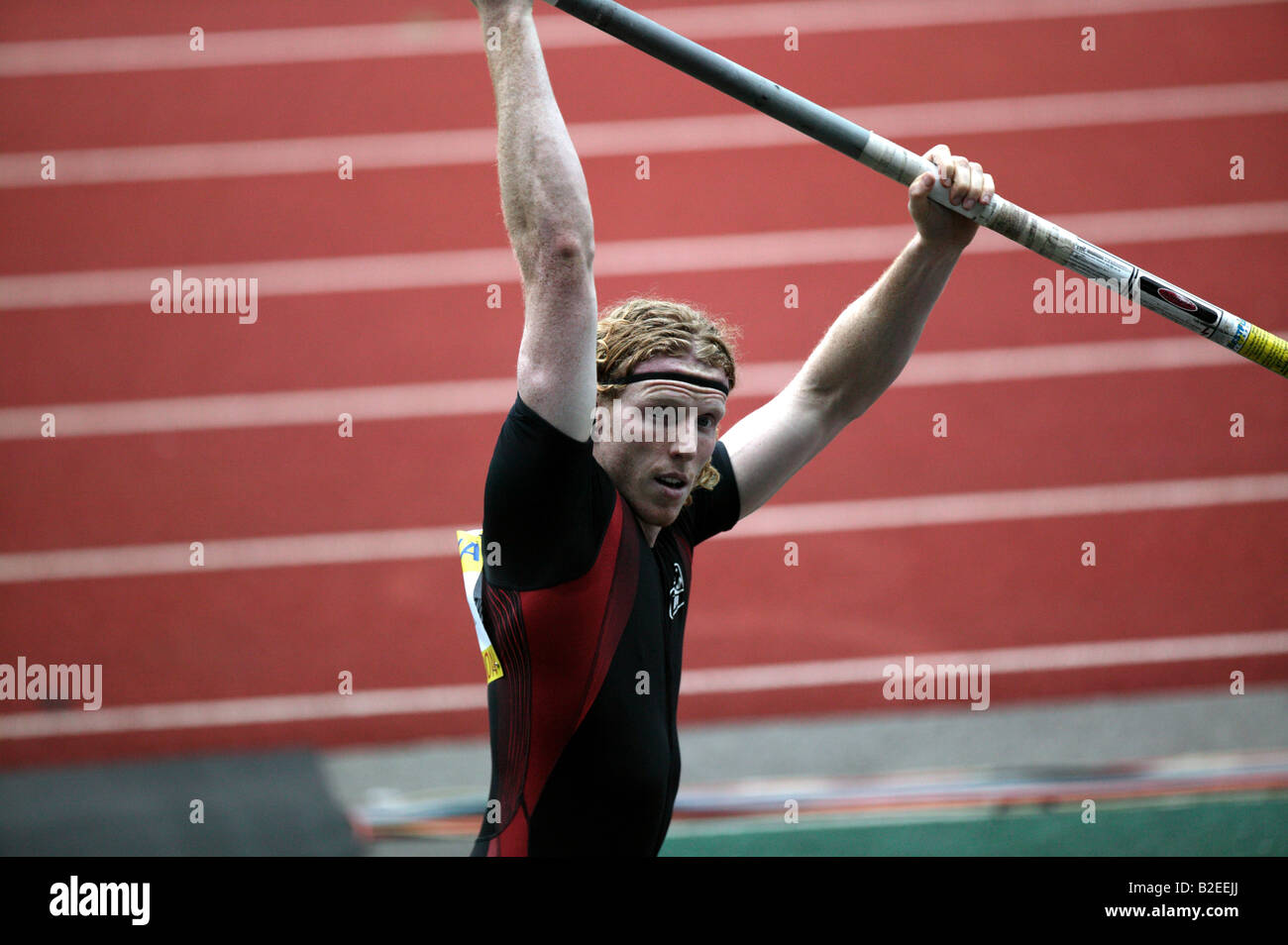 Steve Hooker poses trackside after completing a vault in the Aviva London Grand Prix mens pole vault competition Stock Photo