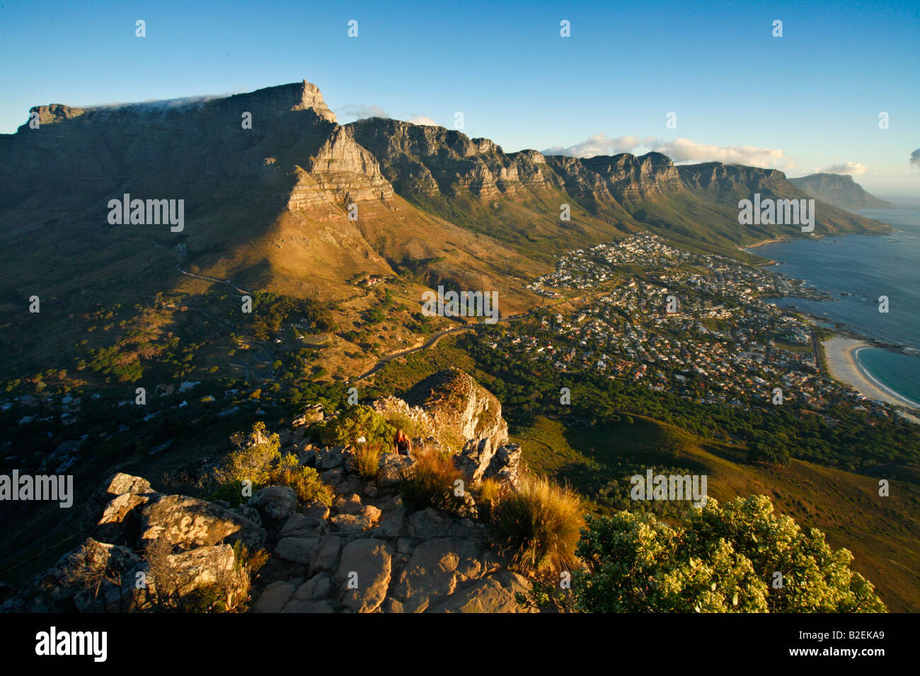 Twelve Apostles, Clifton beach and Camps Bay seen from Lions Head. Stock Photo