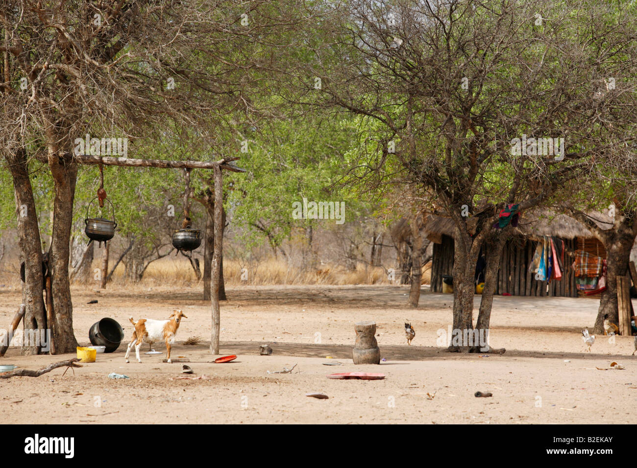 A settlement showing an outdoor cooking area with three-legged iron pots hanging from poles while not in use Stock Photo
