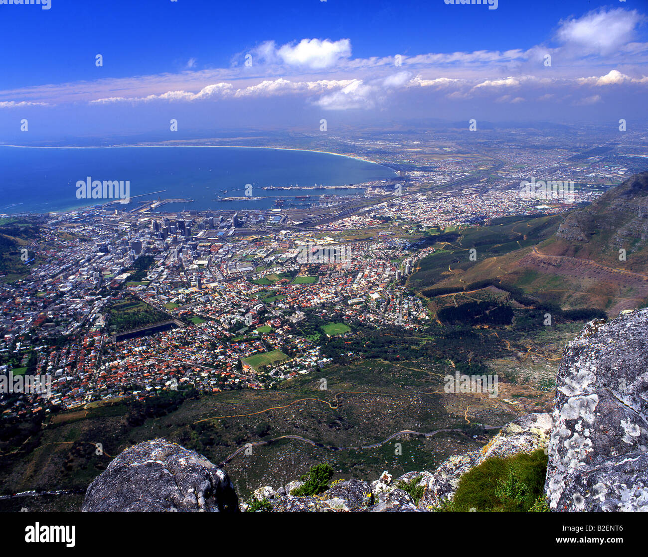 View from the top of Table Mountain over the harbour and Cape Town. Stock Photo