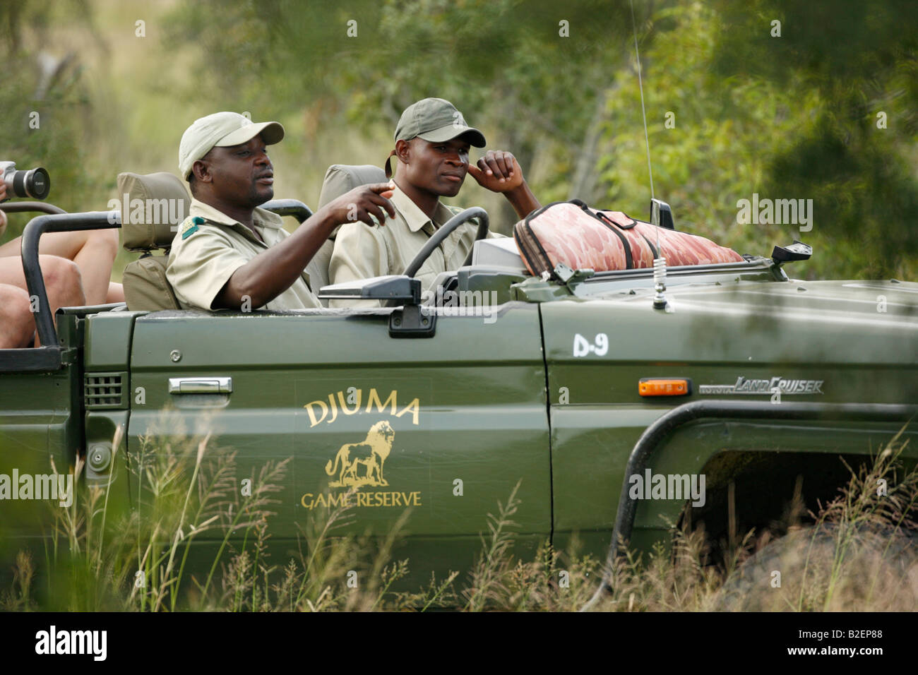 A game guide at the Djuma Game Reserve in the Sabi Sand game reserve in an open game drive vehicle at a sighting Stock Photo