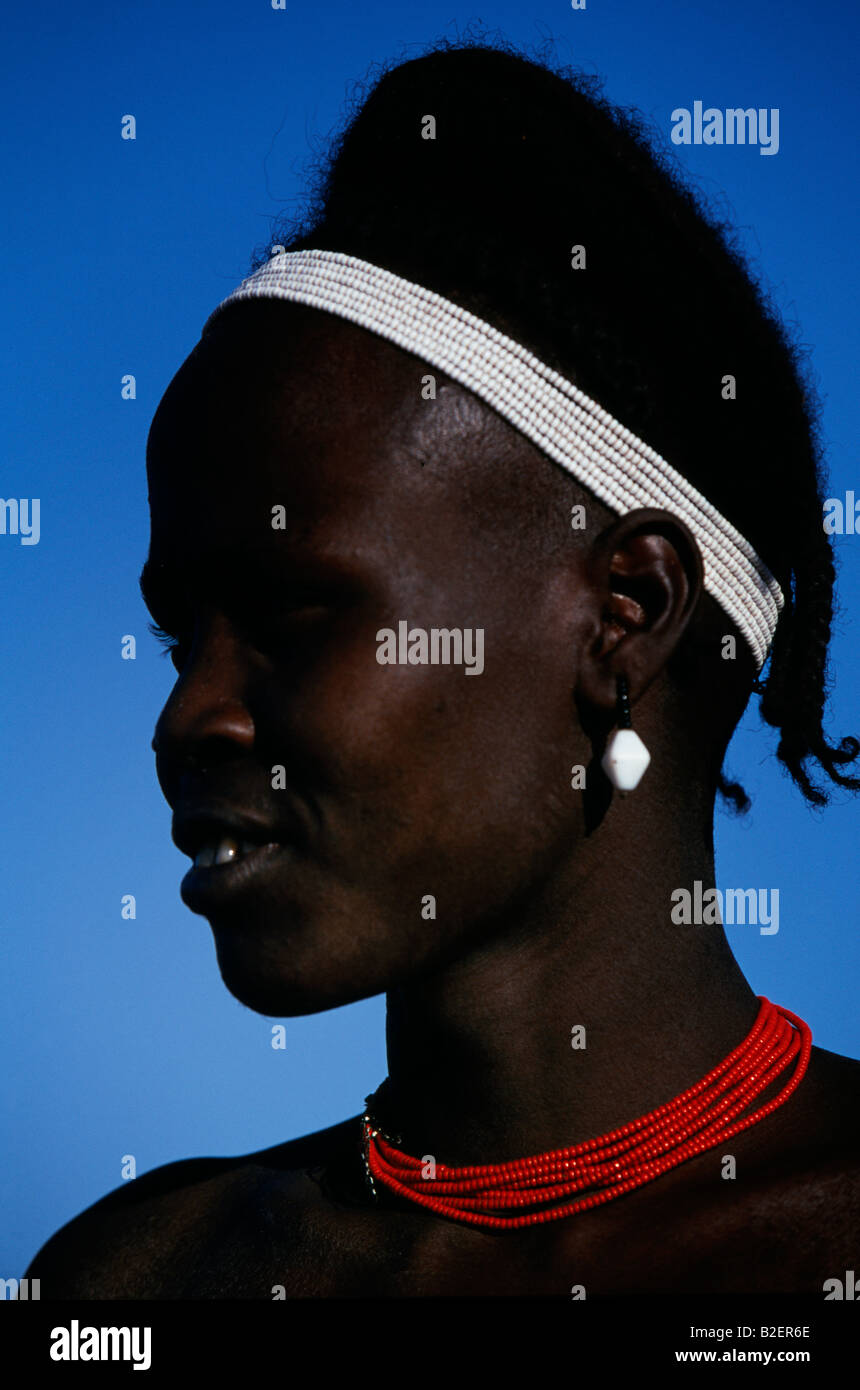 A Dassanech woman shows off her distinctive hairdo. Much the largest of the tribes in the Omo Valley numbering around 50,000. Stock Photo