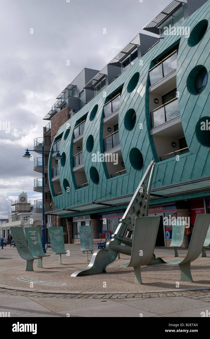 Award winning ESPLANADE HOUSE Porthcawl wales UK clad in patinated copper unpopular with locals and known as the bottle bank Stock Photo