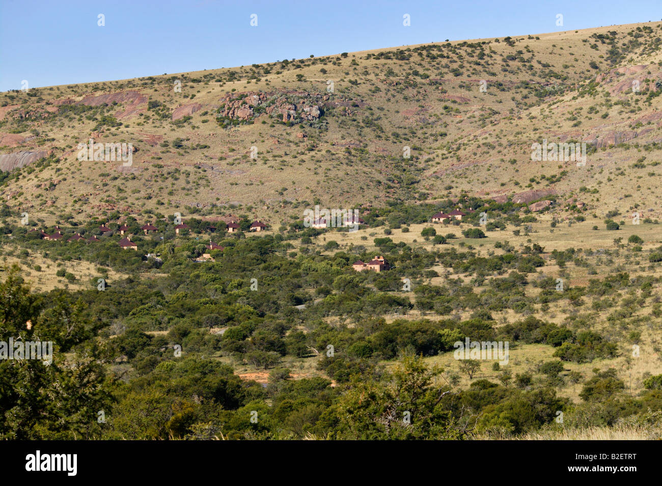 A distant view of the tourist accommodation in the Mountain Zebra National Park Stock Photo