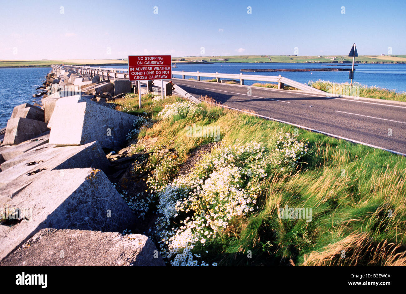 The Churchill Barriers are a series of four causeways in the Orkney Islands, Scotland, with a total length of 2.3 km (1.5 miles) Stock Photo