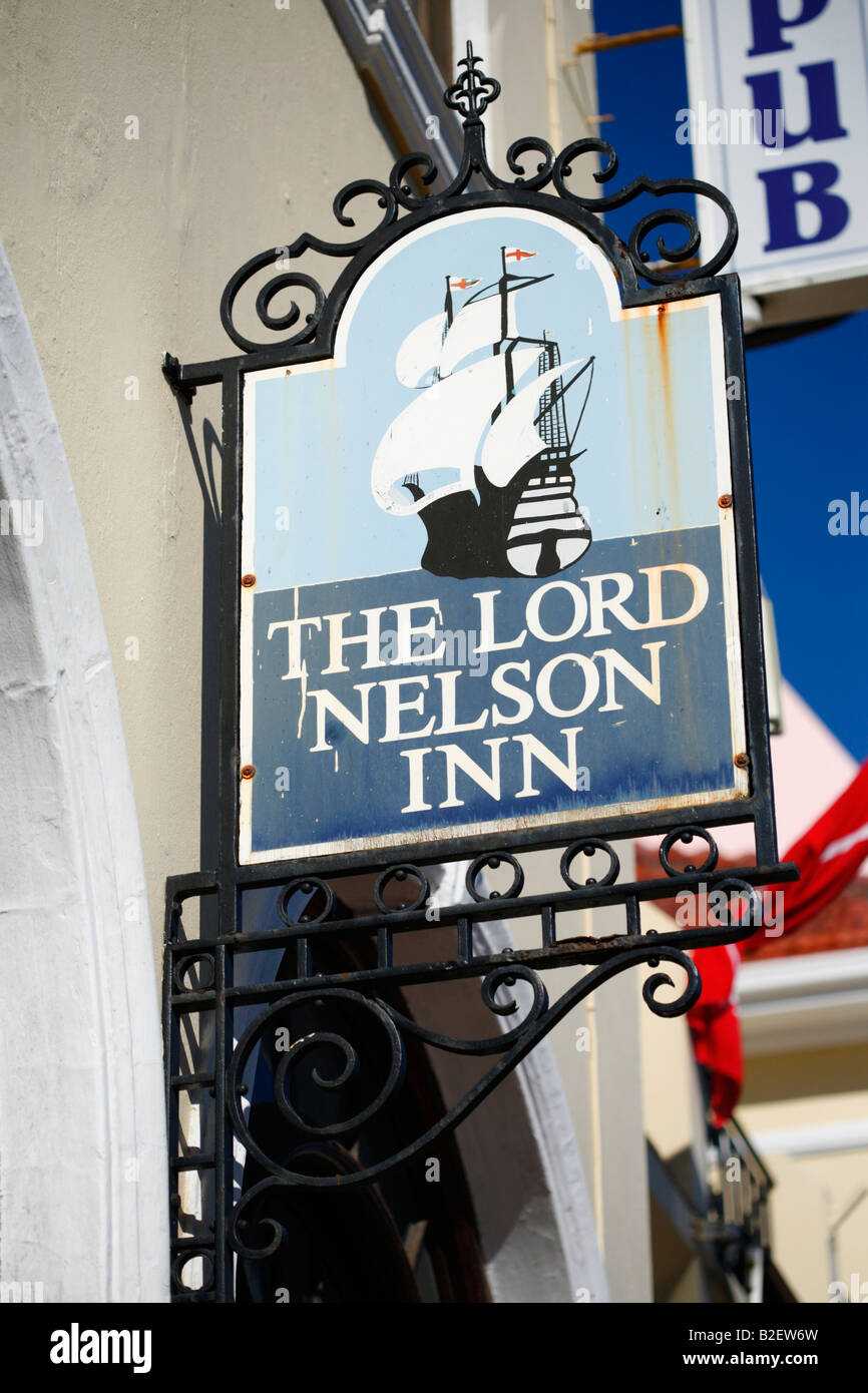 The signboard outside the Lord Nelson Inn, a famous hotel Stock Photo