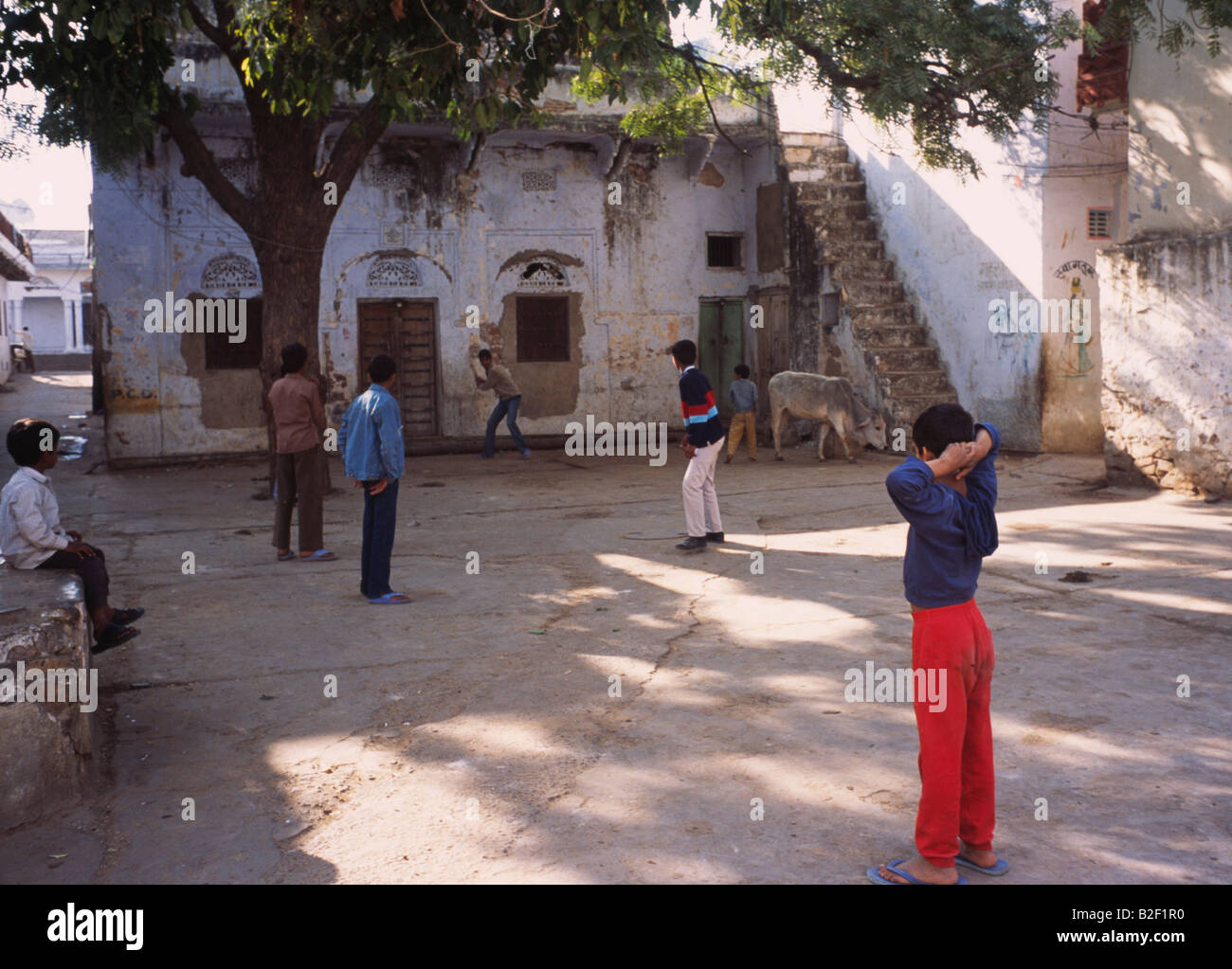 kids playing cricket in streets, India Stock Photo