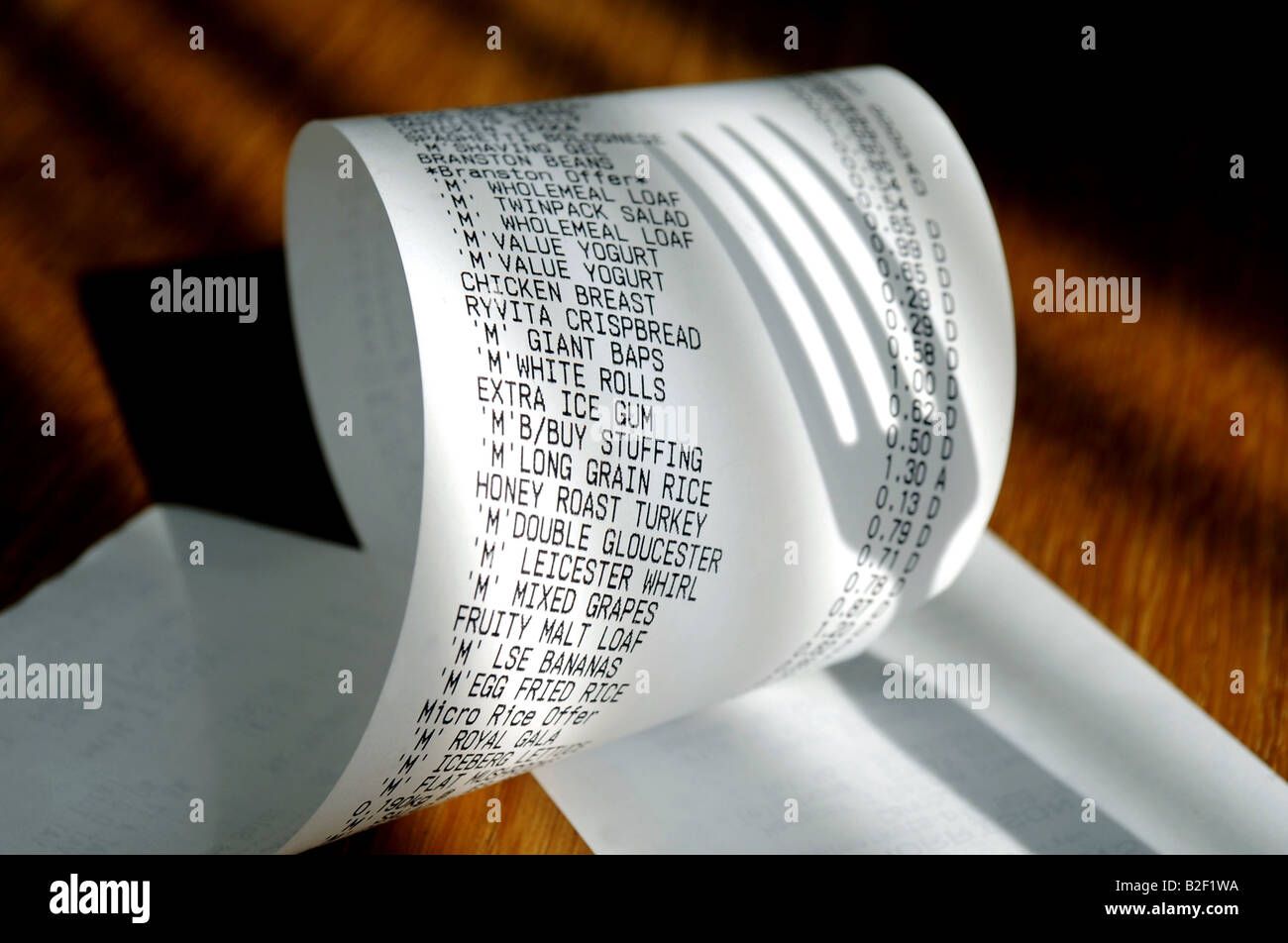 BRITISH SUPERMARKET FOOD BILL WITH SHADOW OF FORK RE SHOPPING COSTS FOOD PRICES ECONOMY INFLATION RECEIPTS RISING BUDGETS ,UK. Stock Photo