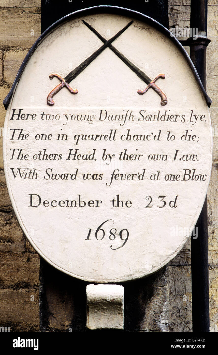 Plaque gravestone commemorating Duel by Danish soldiers 1689 Beverley Yorkshire England UK Stock Photo