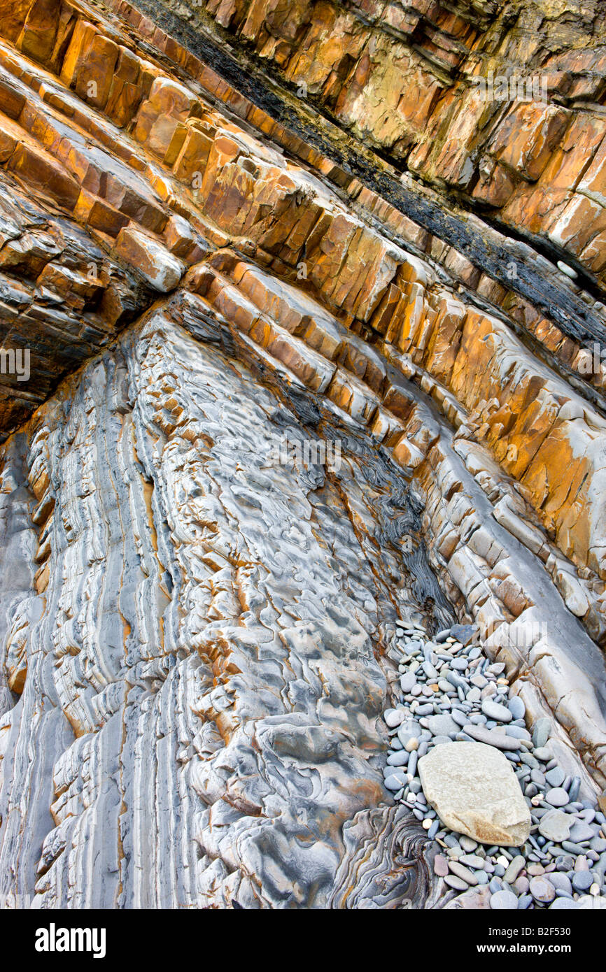 Geological rock strata at Sandymouth Bay in North Cornwall England Stock Photo