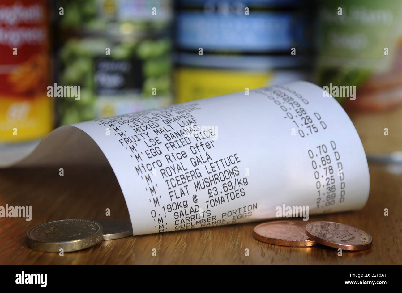 BRITISH SUPERMARKET FOOD BILL SHOWING ITEMS AND PRICES ,UK. Stock Photo