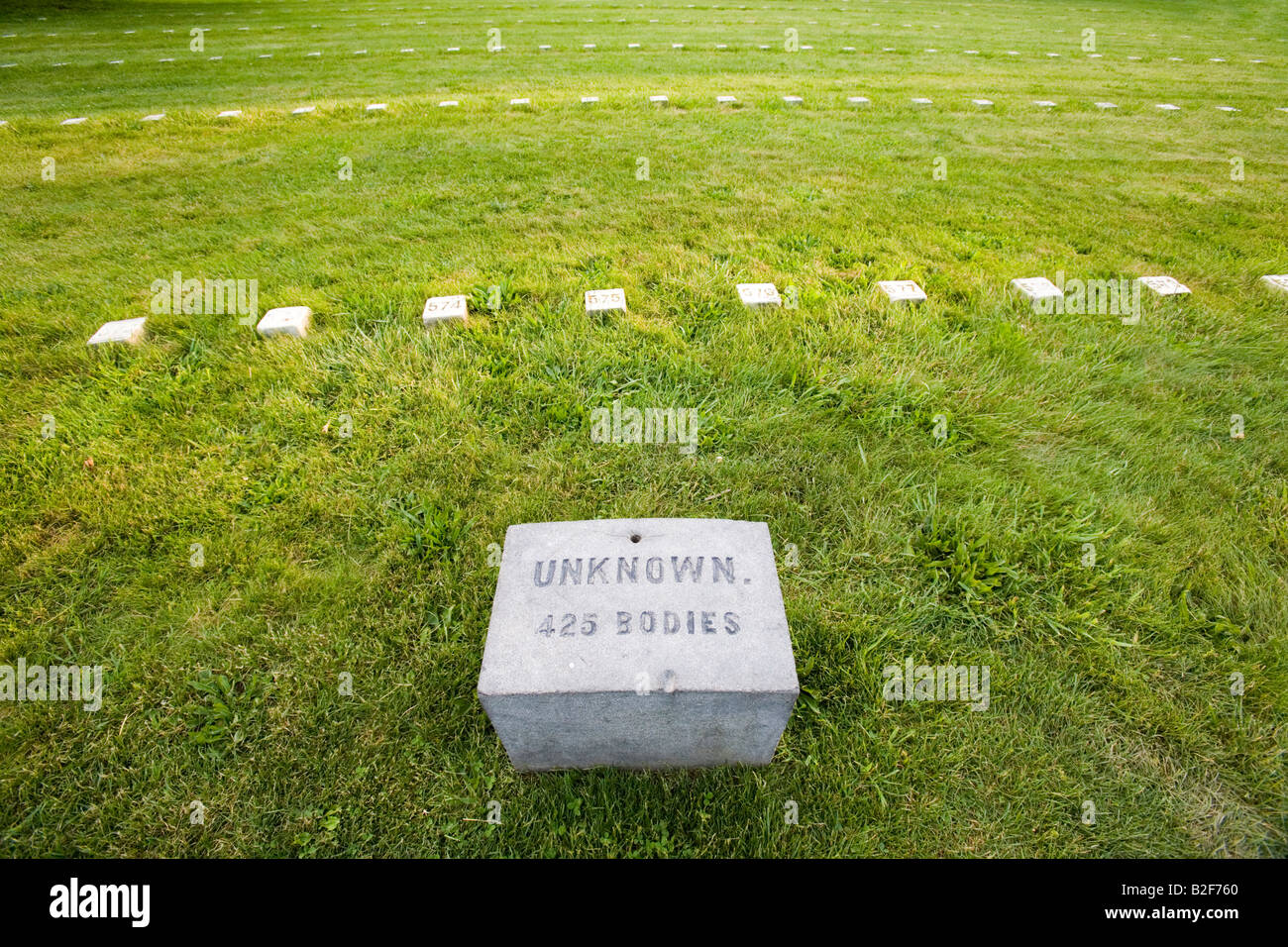 The National Cemetery in Gettysburg A view of unknown soldier grave markers Stock Photo